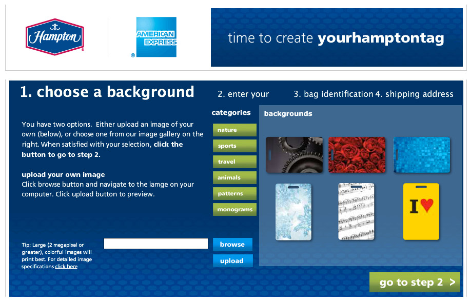 yourHamptonTag.com background selection step with category browser and upload option