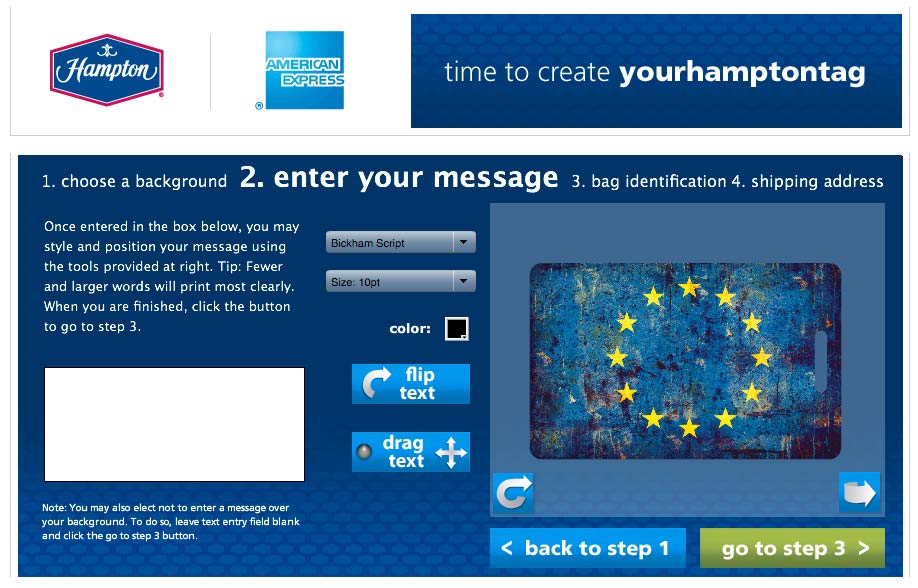 yourHamptonTag.com message step with font, color, and text positioning controls